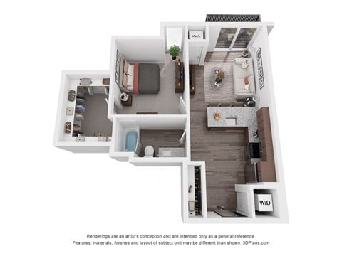 Floor plan for 1 bed, 1 bath, 698 sqft